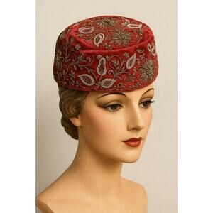 Evelyn Varon Velvet Beaded Pillbox Hat 1950s Cocktail Turban Floral Union Vtg